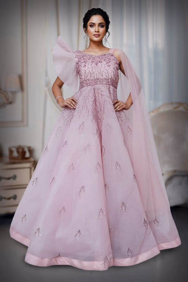 Wing sleeve Flamingo pink  ball gown — back view, rent in Bangalore