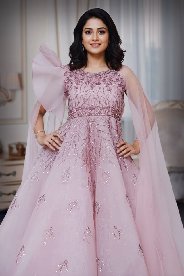 Wing sleeve Flamingo pink  ball gown — rent in Bangalore