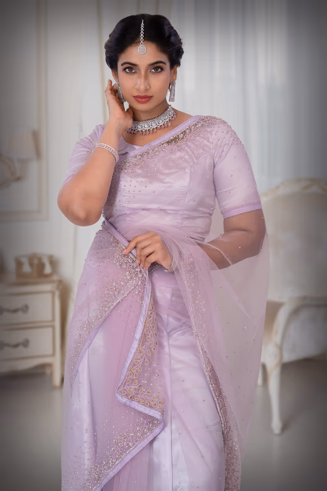 Lavender Net  Saree — rent in Calicut