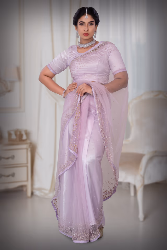 Lavender Net  Saree — back view, rent in Calicut