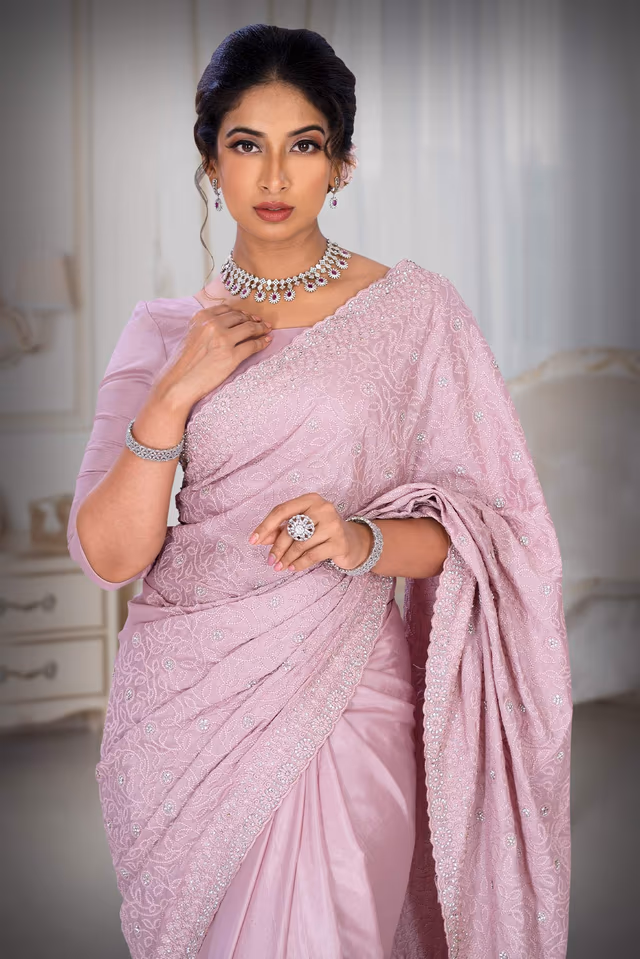 Peach  Georgette  Saree — rent in Calicut