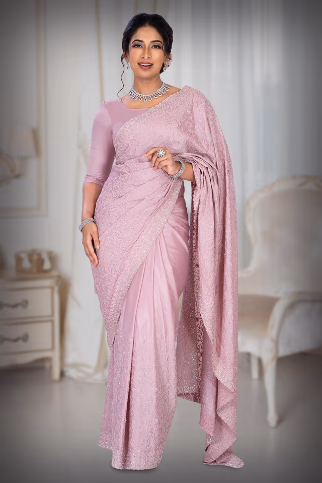 Peach  Georgette  Saree — back view, rent in Calicut