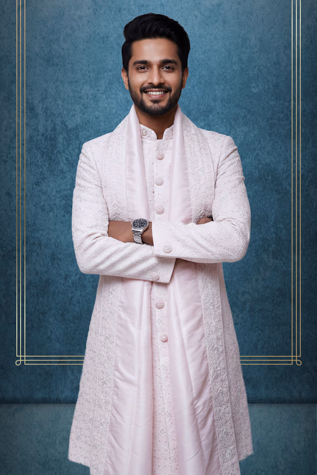 Baby pink sherwani — back view, rent in Bangalore