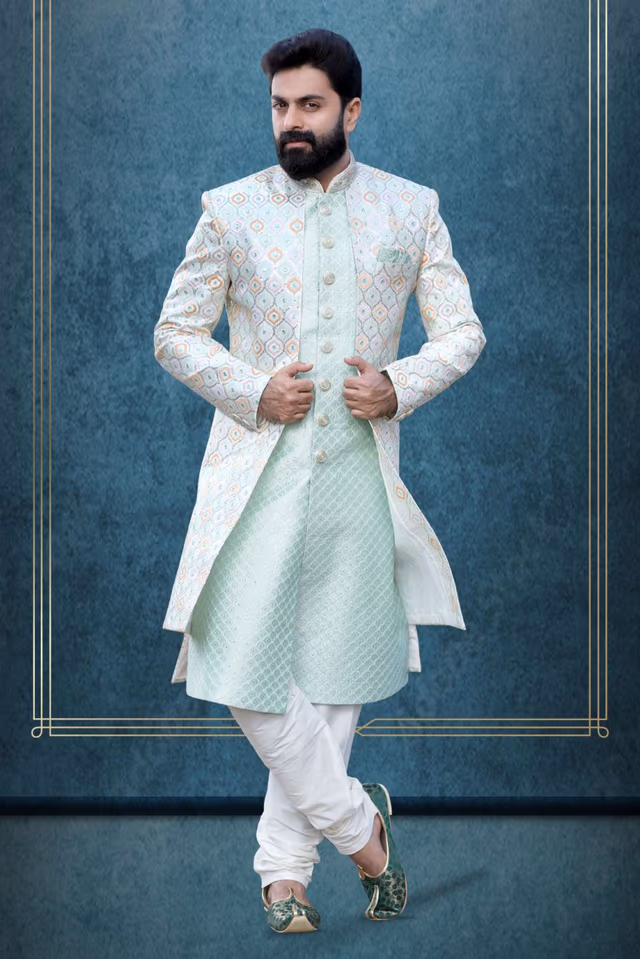 Mint Green And Multicolour Jacquard Sherwani — rent in Coimbatore