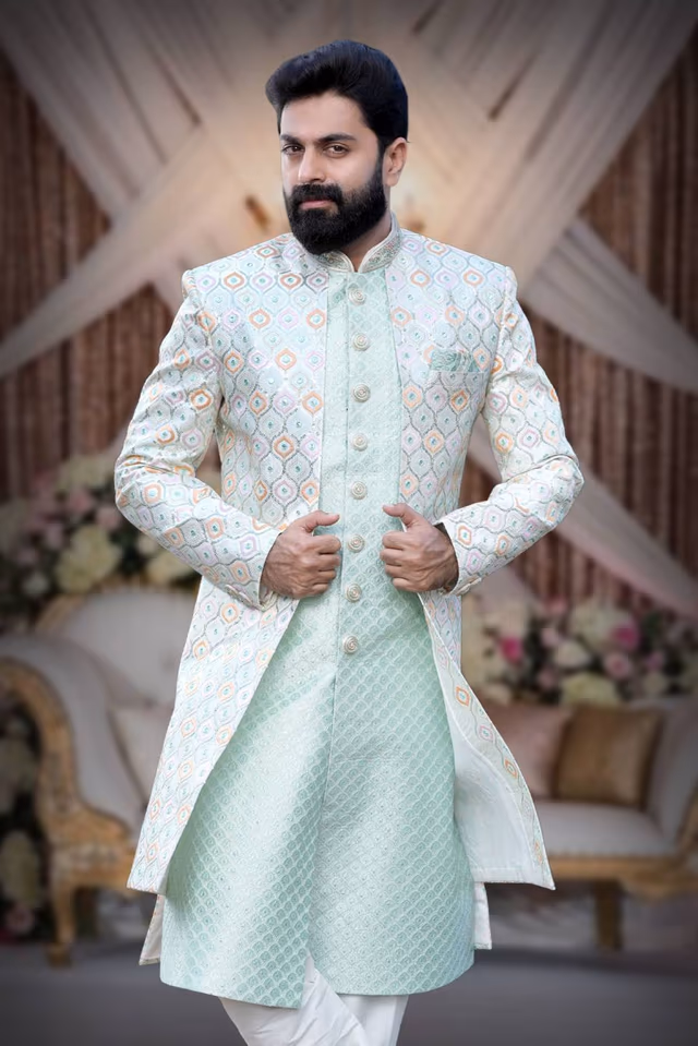 Mint Green And Multicolour Jacquard Sherwani — back view, rent in Coimbatore