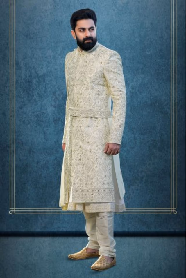 Off white Dupion Sherwani — view 1 of 5
