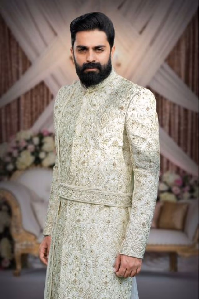 Off white Dupion Sherwani — back view, rent in Calicut