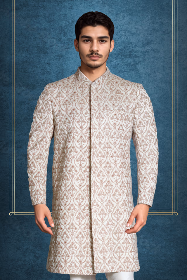 Off White Grooms Sherwani With Golden Threadwork Details — back view, rent in Coimbatore