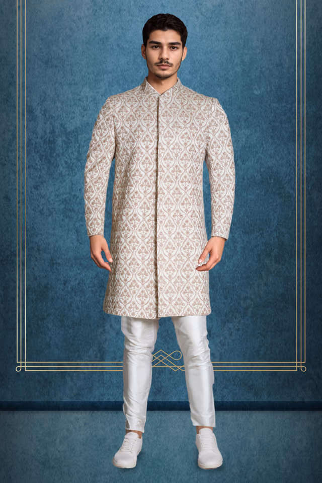 Off White Grooms Sherwani With Golden Threadwork Details — rent in Coimbatore