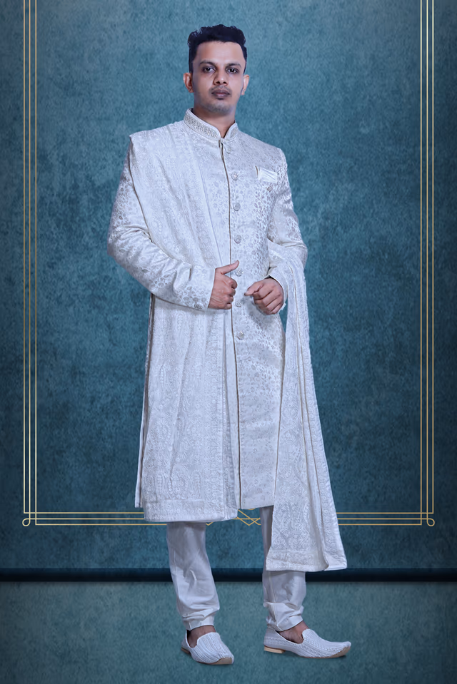 Pure White Textured Mens Sherwani With White Pajama And White Shawl — back view, rent in Calicut