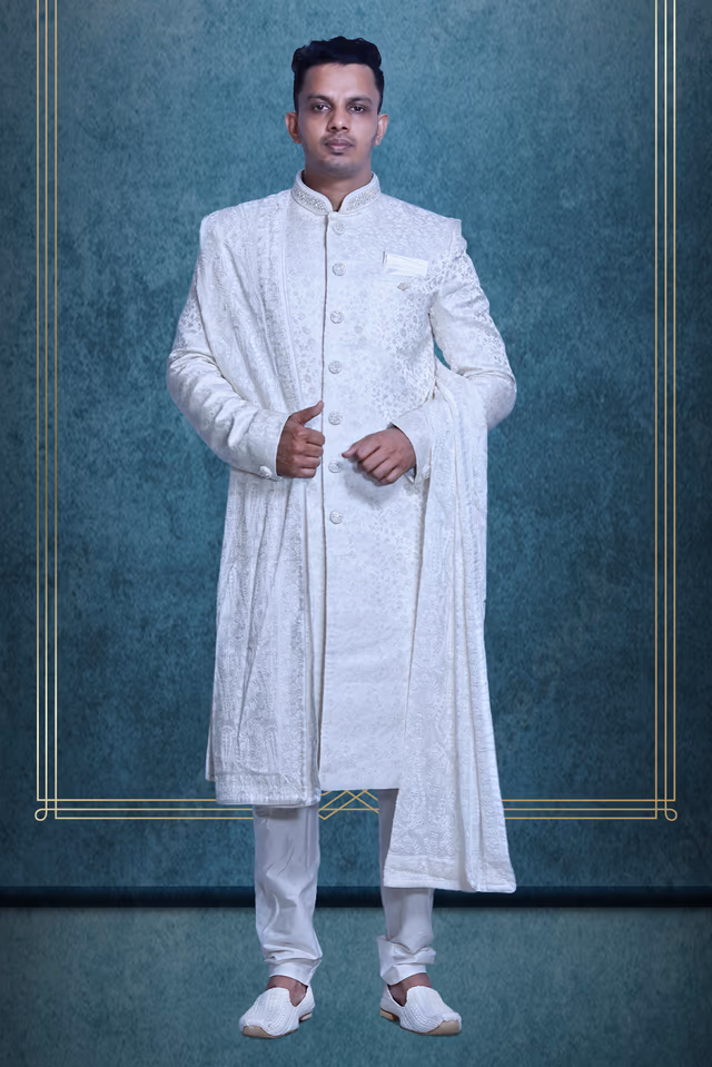 Pure White Textured Mens Sherwani With White Pajama And White Shawl — rent in Calicut