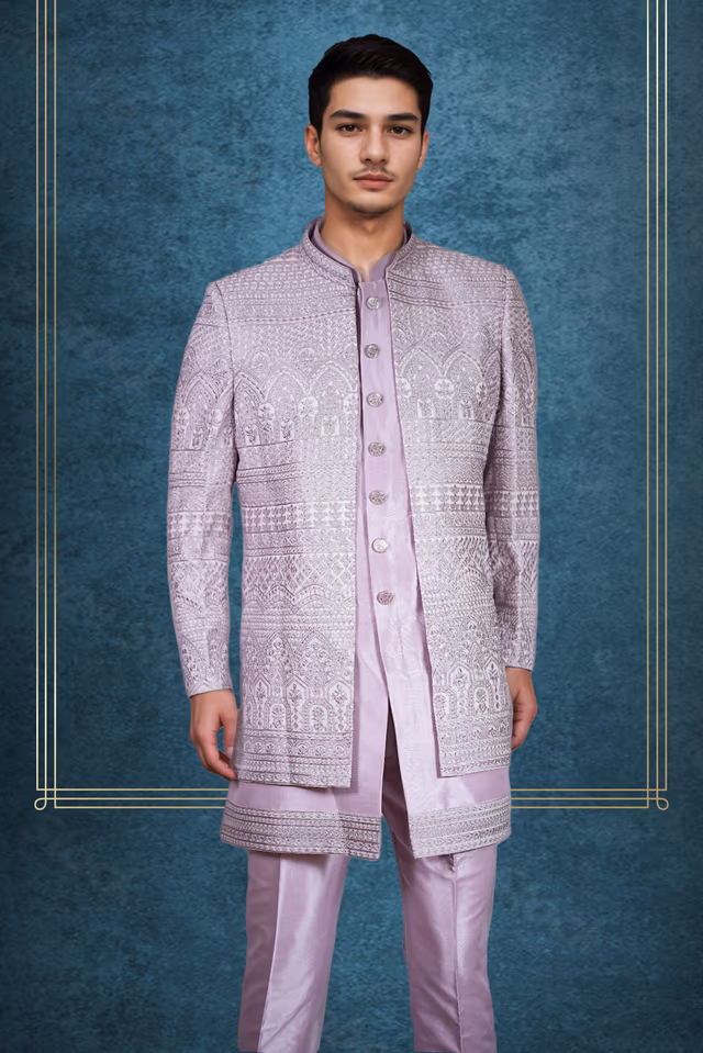 Step Into Refined Sophistication With This Pastel Lavender Sherwani Set, — back view, rent in Bangalore