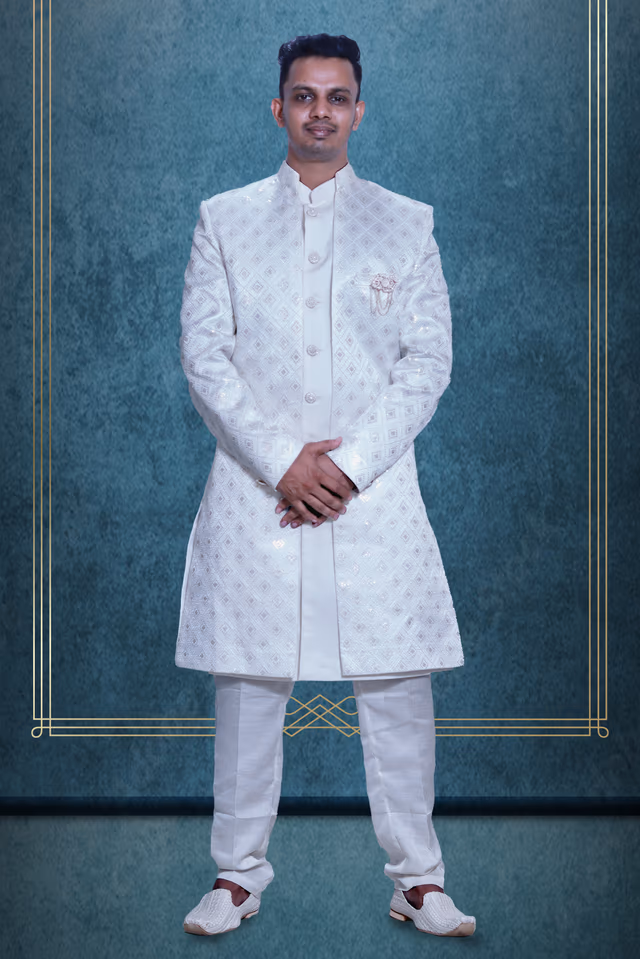 White Two Piece Sherwani With Threadwork Detailed Outer Jacket And Front Closed Inner Kurtha — rent in Calicut