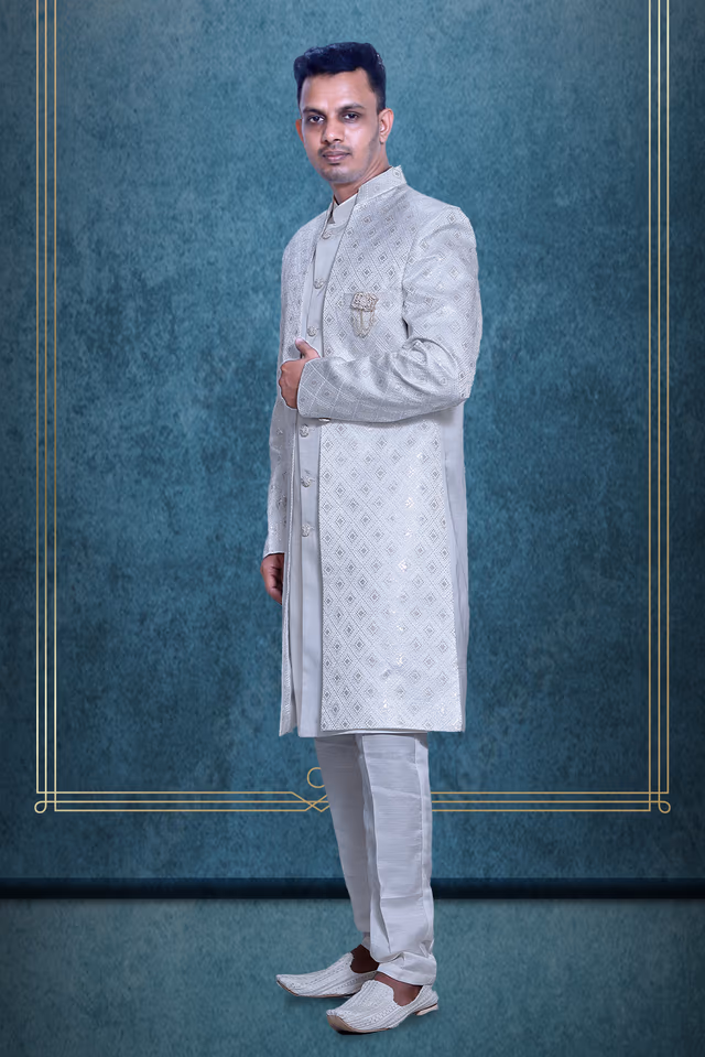 White Two Piece Sherwani With Threadwork Detailed Outer Jacket And Front Closed Inner Kurtha — back view, rent in Calicut