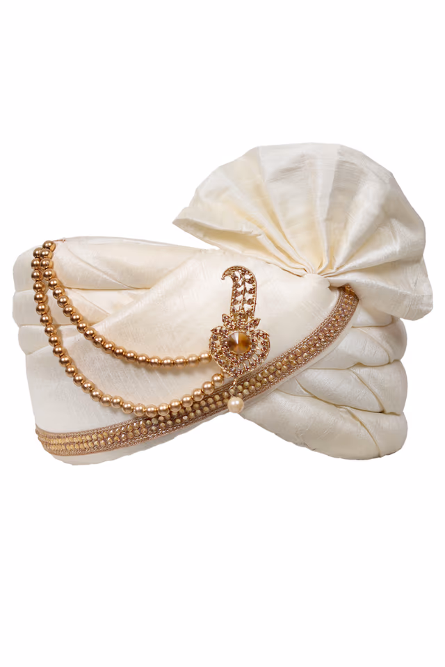White Turban With Golden Front Locket And Golden Beads Attachment — rent in Coimbatore