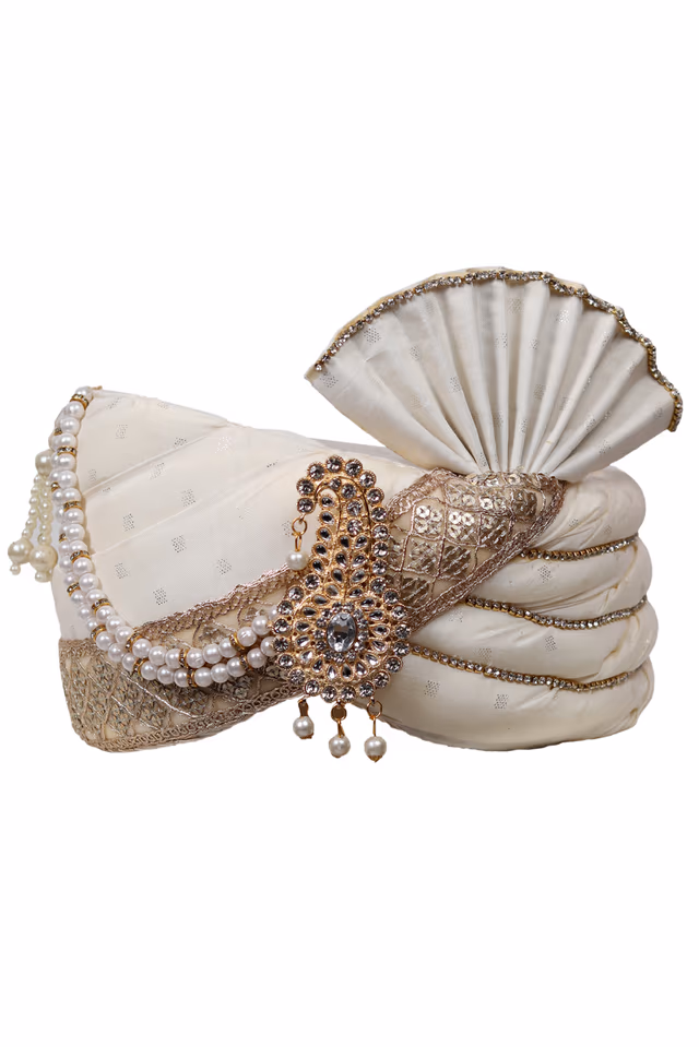 White Jaquard Turban With Heavy Golden Border And Golden Front Locket — rent in Coimbatore