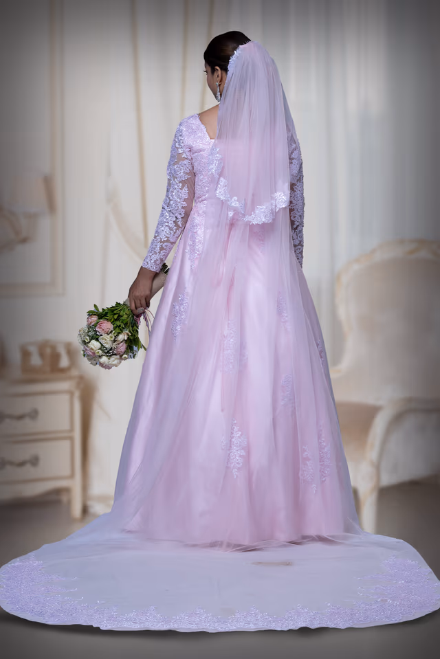 Baby pink corded lace work net veil — back view, rent in Calicut