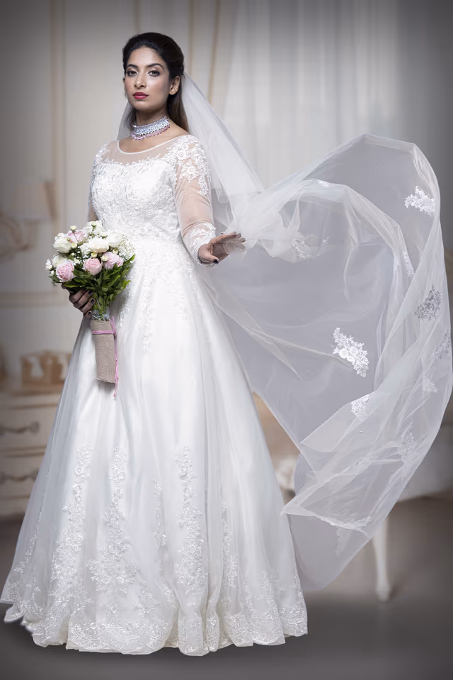 Light ivory  oriental lace work net veil — back view, rent in Calicut