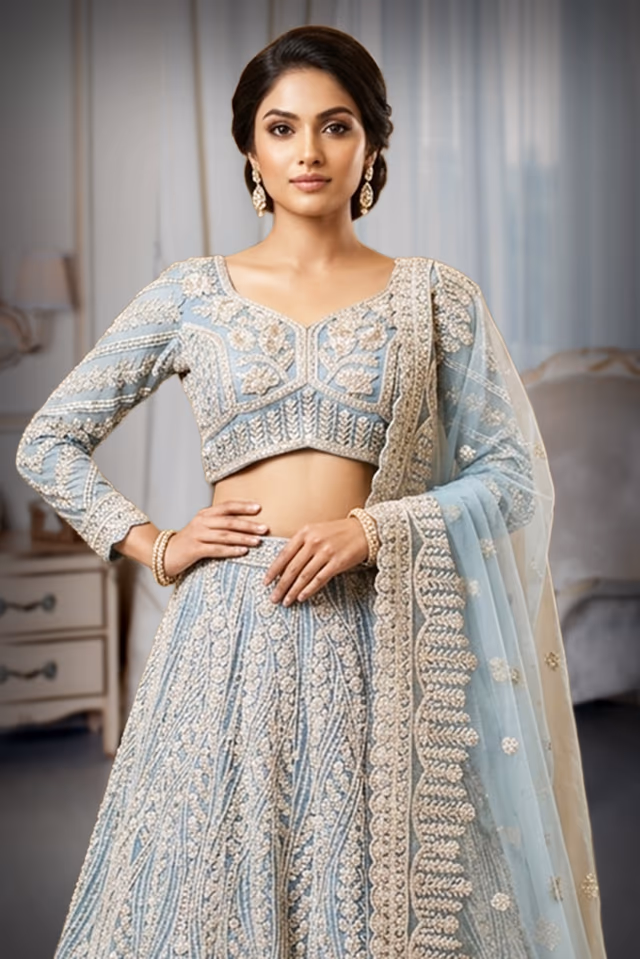 Sky Blue Handcrafted Silver Sequin Sugar Bead Lehenga — rent in Bangalore