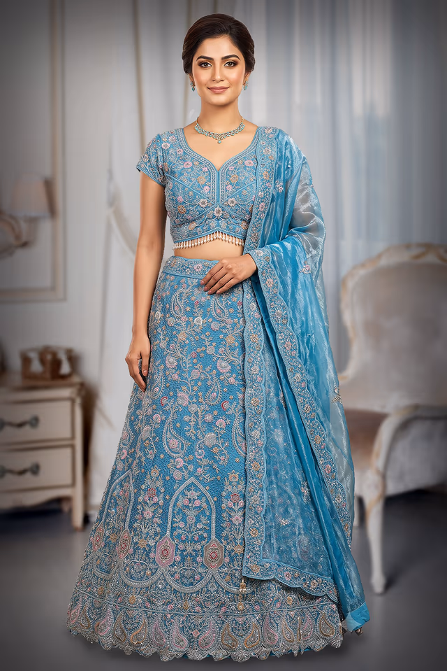 Sky Blue Heavy Embroidered Bridal Lehenga — back view, rent in Coimbatore