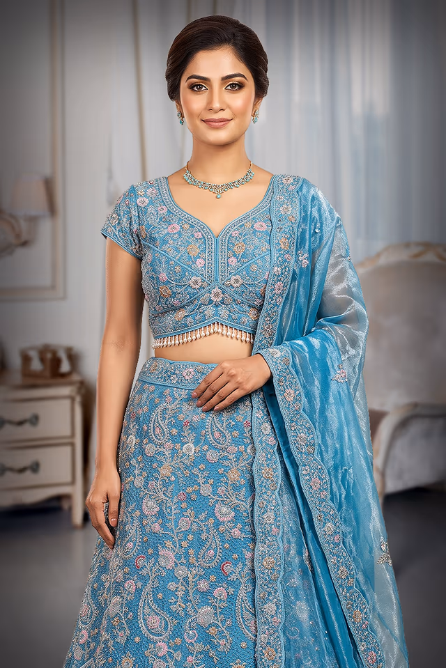 Sky Blue Heavy Embroidered Bridal Lehenga — rent in Coimbatore