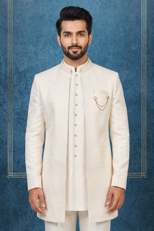 Sophisticated Off-White Textured Silk Jodhpuri Bandhgala Jacket with Brooch Accent — back view, rent in Kochi
