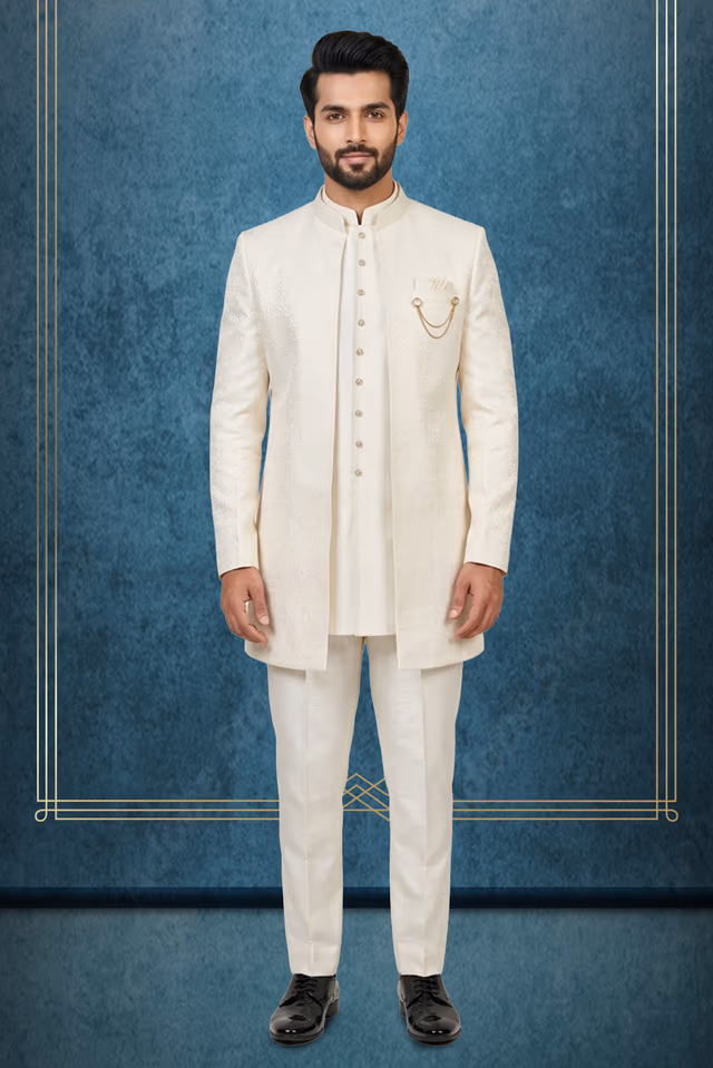 Sophisticated Off-White Textured Silk Jodhpuri Bandhgala Jacket with Brooch Accent — rent in Kochi