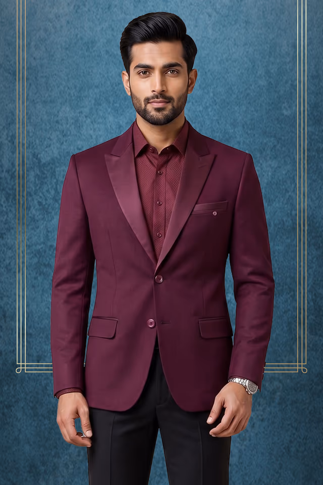 Sophisticated Plain Wine Blazer with Luxurious Satin Lapel for Formal Occasions — back view, rent in Bangalore