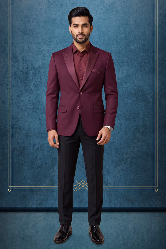 Sophisticated Plain Wine Blazer with Luxurious Satin Lapel for Formal Occasions — rent in Bangalore