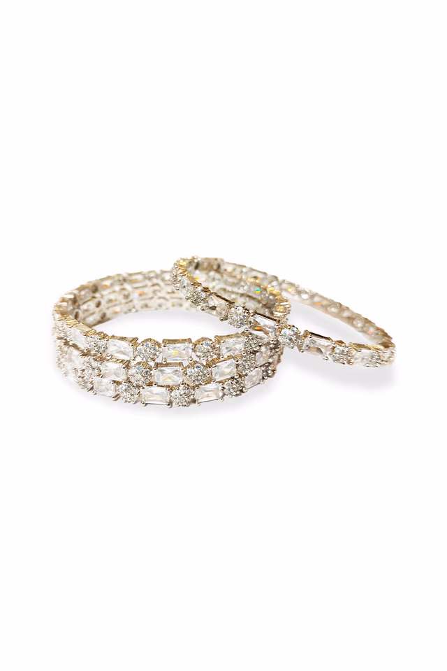 "Sophisticated Silver Plated Geometric Cut Cubic Zirconia Designer Bangle Stack  " — rent in Calicut