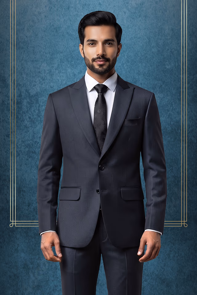 Steel Grey Textured Two-Piece Tailored Formal Suit — back view, rent in Ernakulam