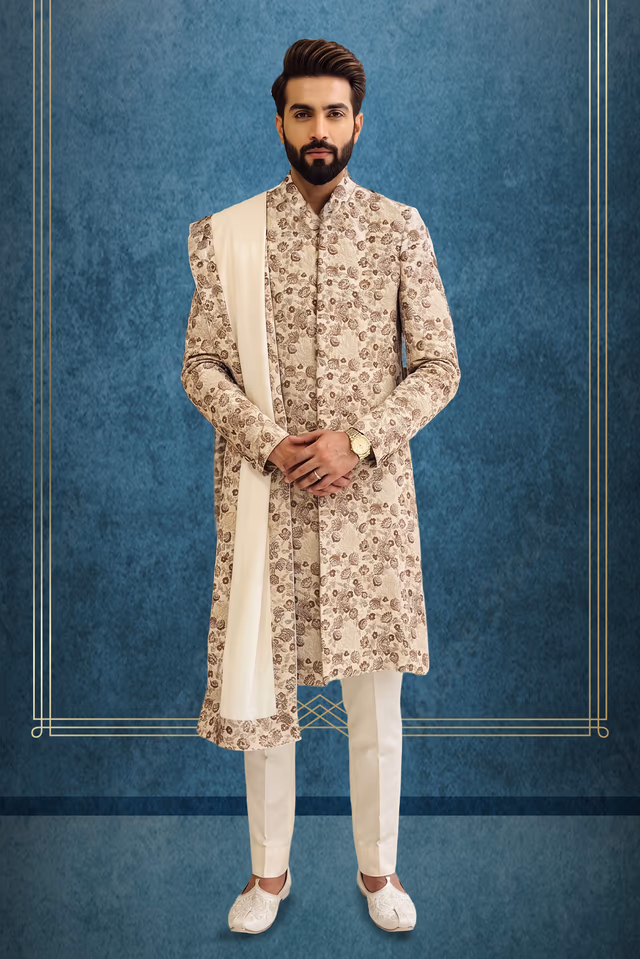 Step Into Luxury With This Intricately Embroidered Off-White Sherwani Featuring Matching Trousers And An… — rent in Calicut