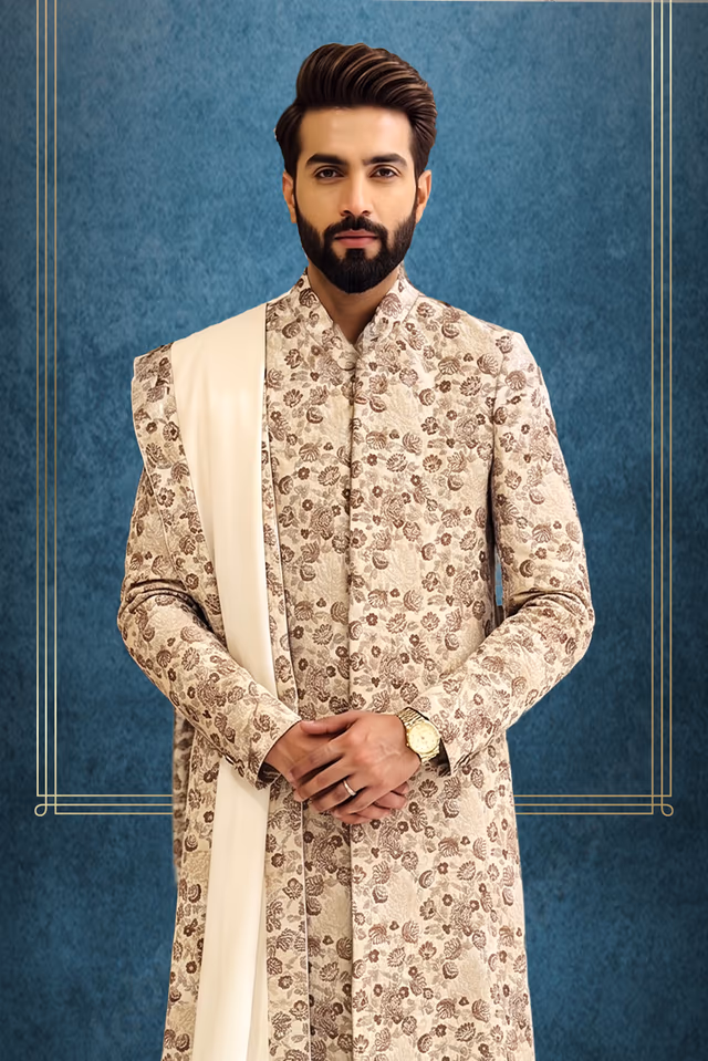 Step Into Luxury With This Intricately Embroidered Off-White Sherwani Featuring Matching… — back view, rent in Calicut