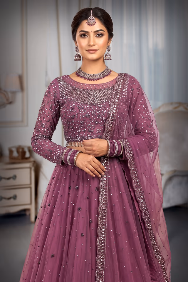 Stunning Deep Purple Designer Lehenga Set Features Intricate Sequined Embroidery Heavy Blouse Elegant Net… — rent in Calicut