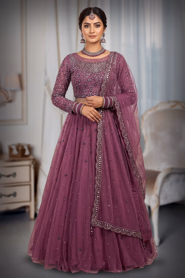 Stunning Deep Purple Designer Lehenga Set Features Intricate Sequined Embroidery Heavy Blouse… — back view, rent in Calicut