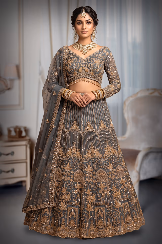 "Stunning Grey Embroidered Lehenga With Matching Blouse And Net Dupatta For Elegant Festive… — back view, rent in Calicut