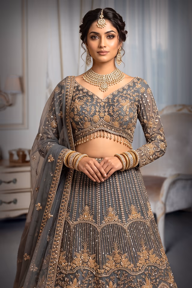 "Stunning Grey Embroidered Lehenga With Matching Blouse And Net Dupatta For Elegant Festive And Wedding… — rent in Calicut