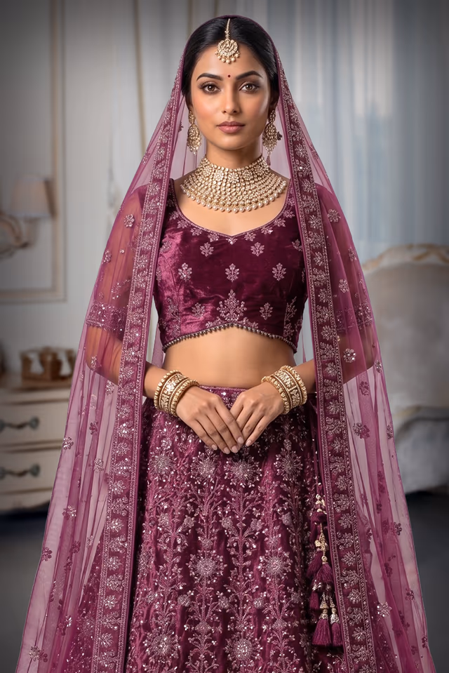 Stunning Purple Velvet  Lehenga Set Along with Elegant Dupatta — rent in Coimbatore