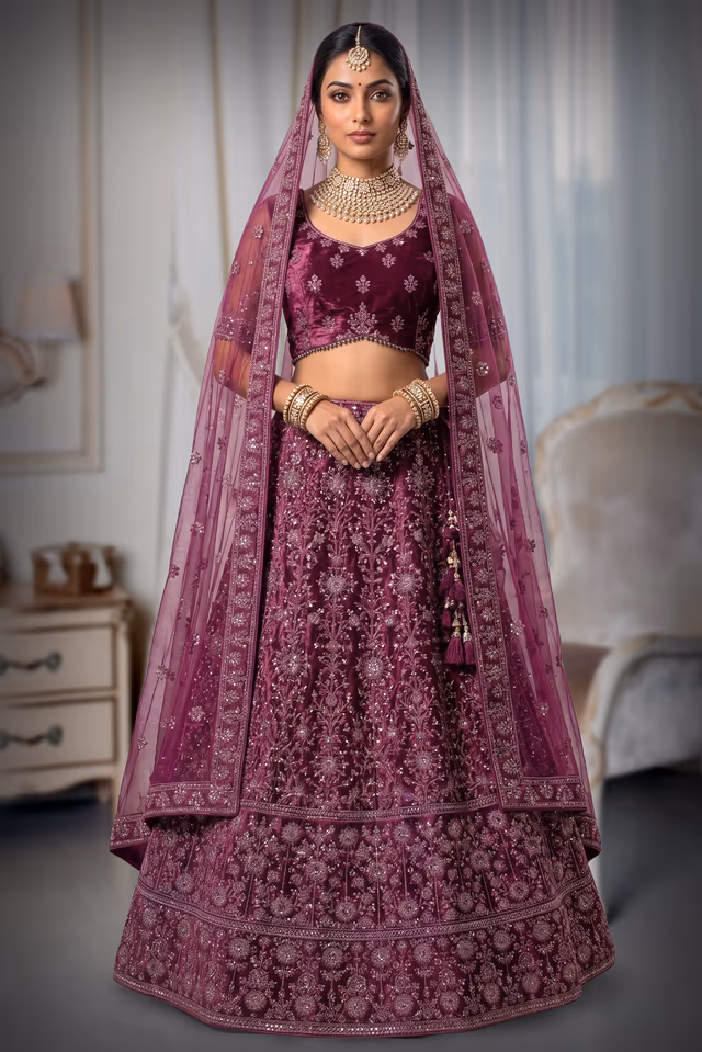 Stunning Purple Velvet  Lehenga Set Along with Elegant Dupatta — back view, rent in Coimbatore