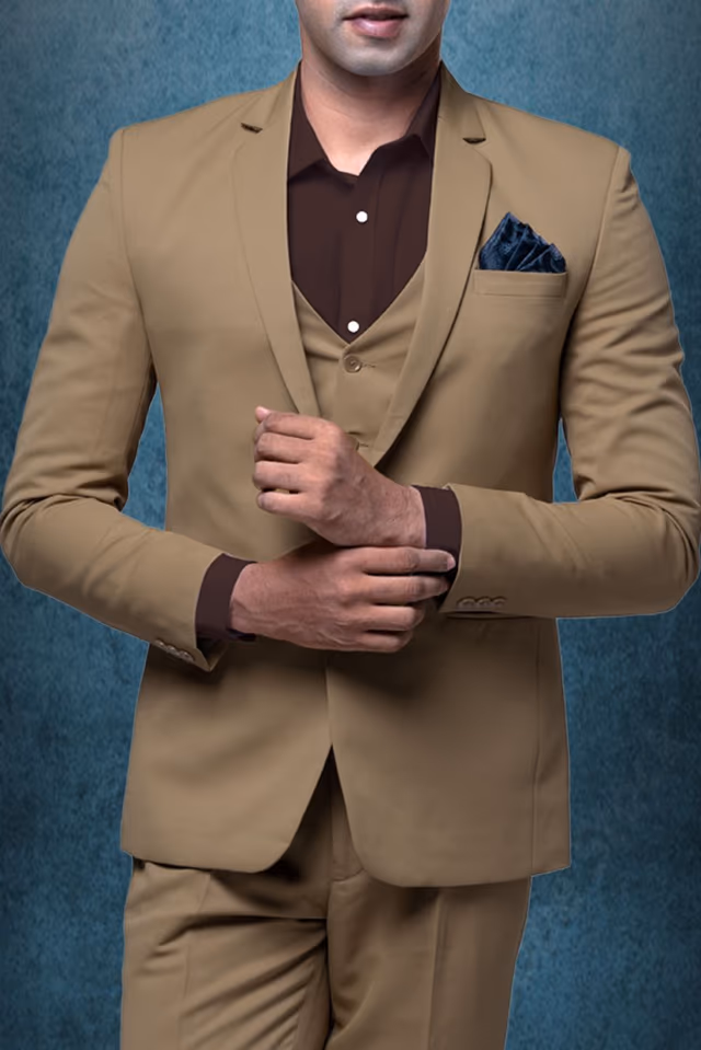 Trombone Yellow 3pcs suit — back view, rent in Calicut