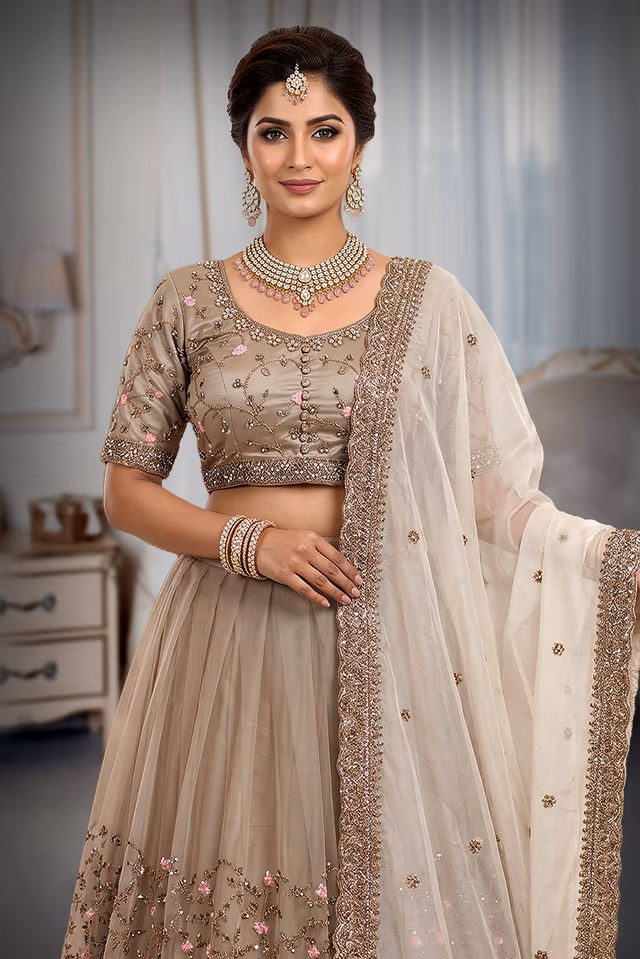 Taupe Beige Floral Embroidered Bridal Lehenga with Designer Blouse and Ivory Net Dupatta — rent in Coimbatore