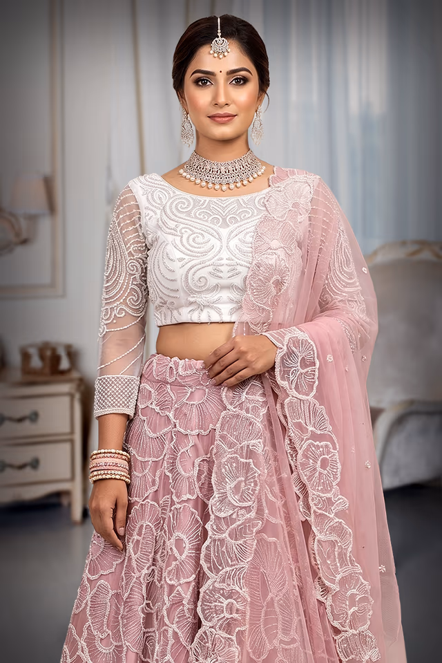 Taupe Beige Floral Embroidered Bridal Lehenga with Designer Blouse and Ivory Net Dupatta — rent in Coimbatore