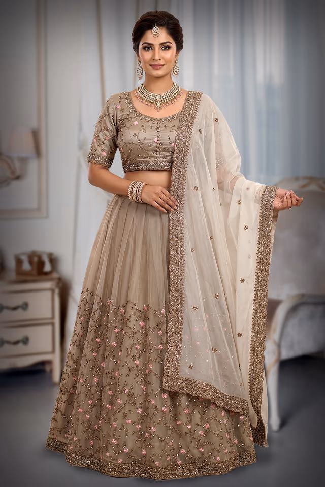 Taupe Beige Floral Embroidered Bridal Lehenga with Designer Blouse and Ivory Net Dupatta — back view, rent in Coimbatore
