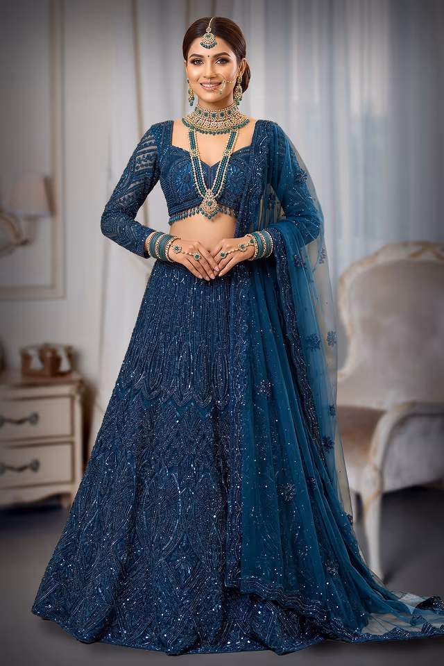 Teal Blue Heavily Embellished Lehenga with Beaded Tassel Blouse — back view, rent in Bangalore