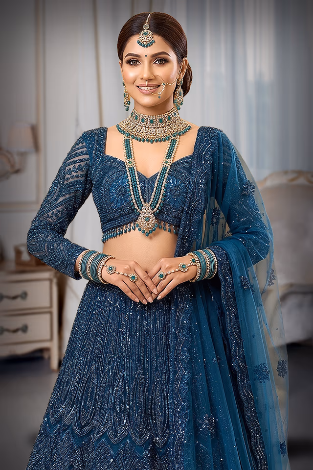 Teal Blue Heavily Embellished Lehenga with Beaded Tassel Blouse — rent in Bangalore