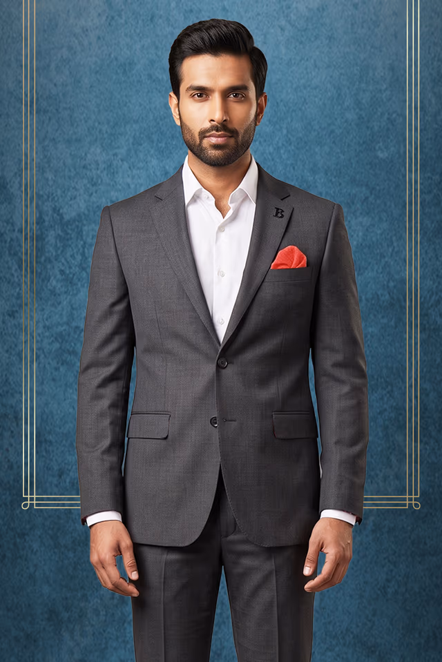 Textured Charcoal Grey Single-Breasted Suit with Paisley Contrast Lining — back view, rent in Edappally