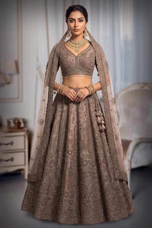 This Shimmering Latte Beige Lehenga Set Showcases Heavy Geometric Sequin Work Throughout The… — back view, rent in Calicut