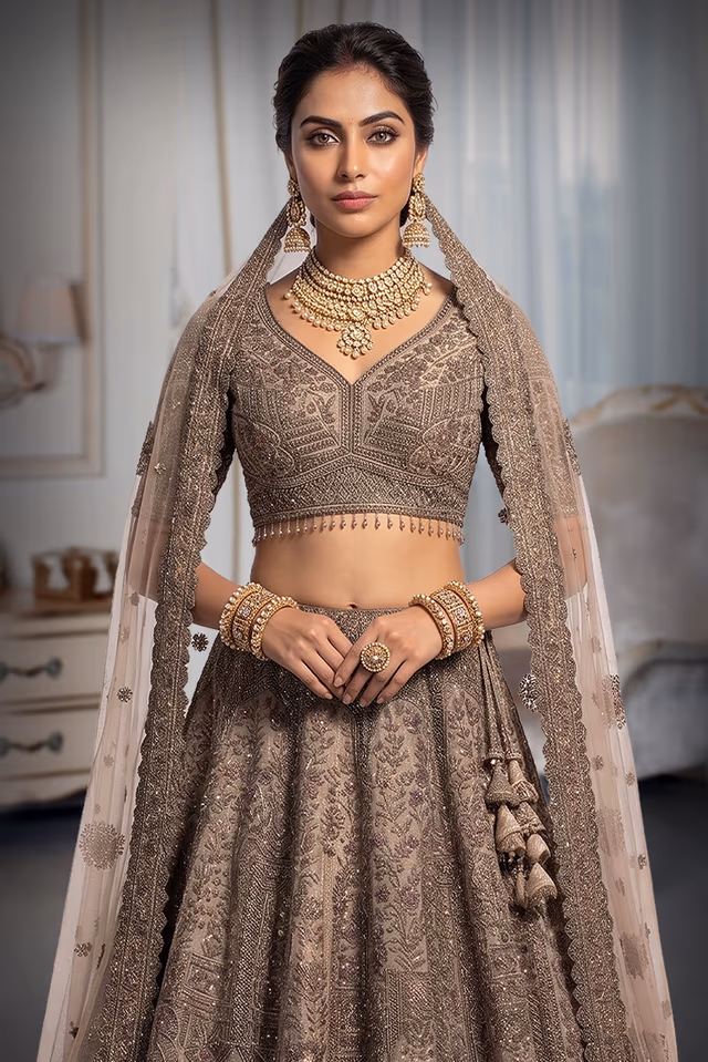 This Shimmering Latte Beige Lehenga Set Showcases Heavy Geometric Sequin Work Throughout The Skirt Paired… — rent in Calicut