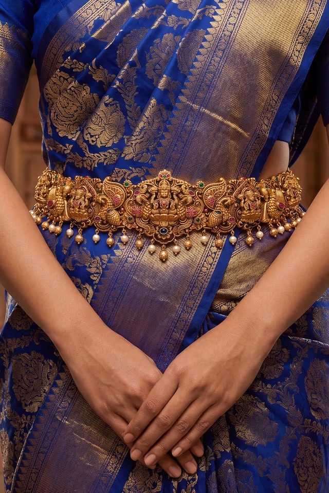 Traditional Antique Gold Vaddanam Features Intricate Goddess Lakshmi Motifs And Elegant Pearl Drops — rent in Calicut