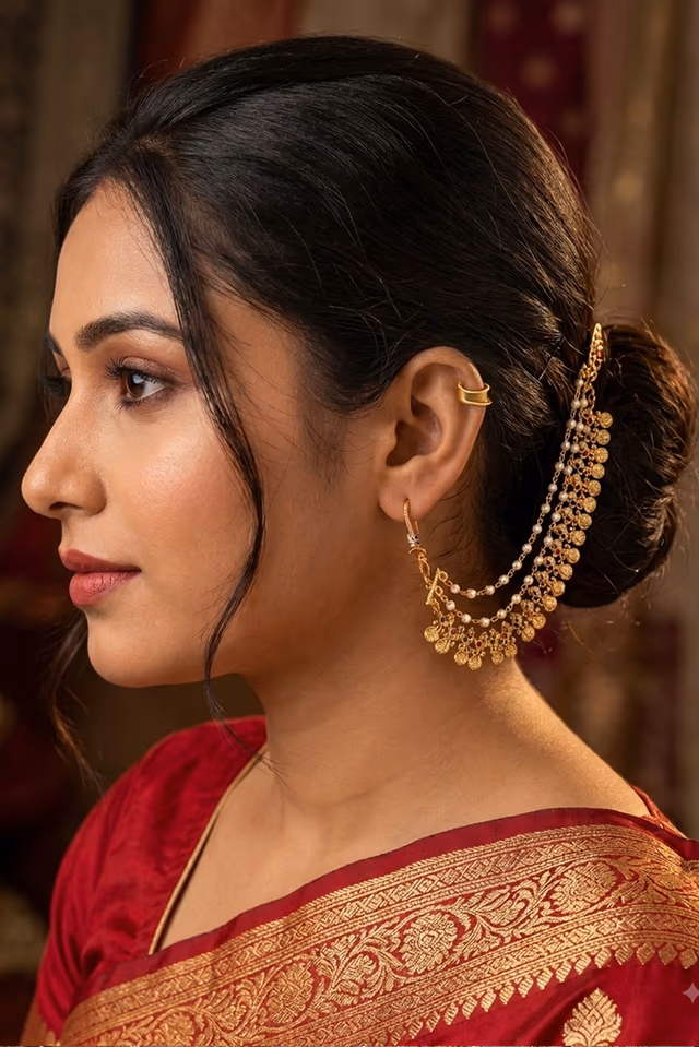 Traditional Gold Plated Earrings Extensions  Adorned With Classic Laxmi Coins Delicate Pearl Chains And… — rent in Calicut